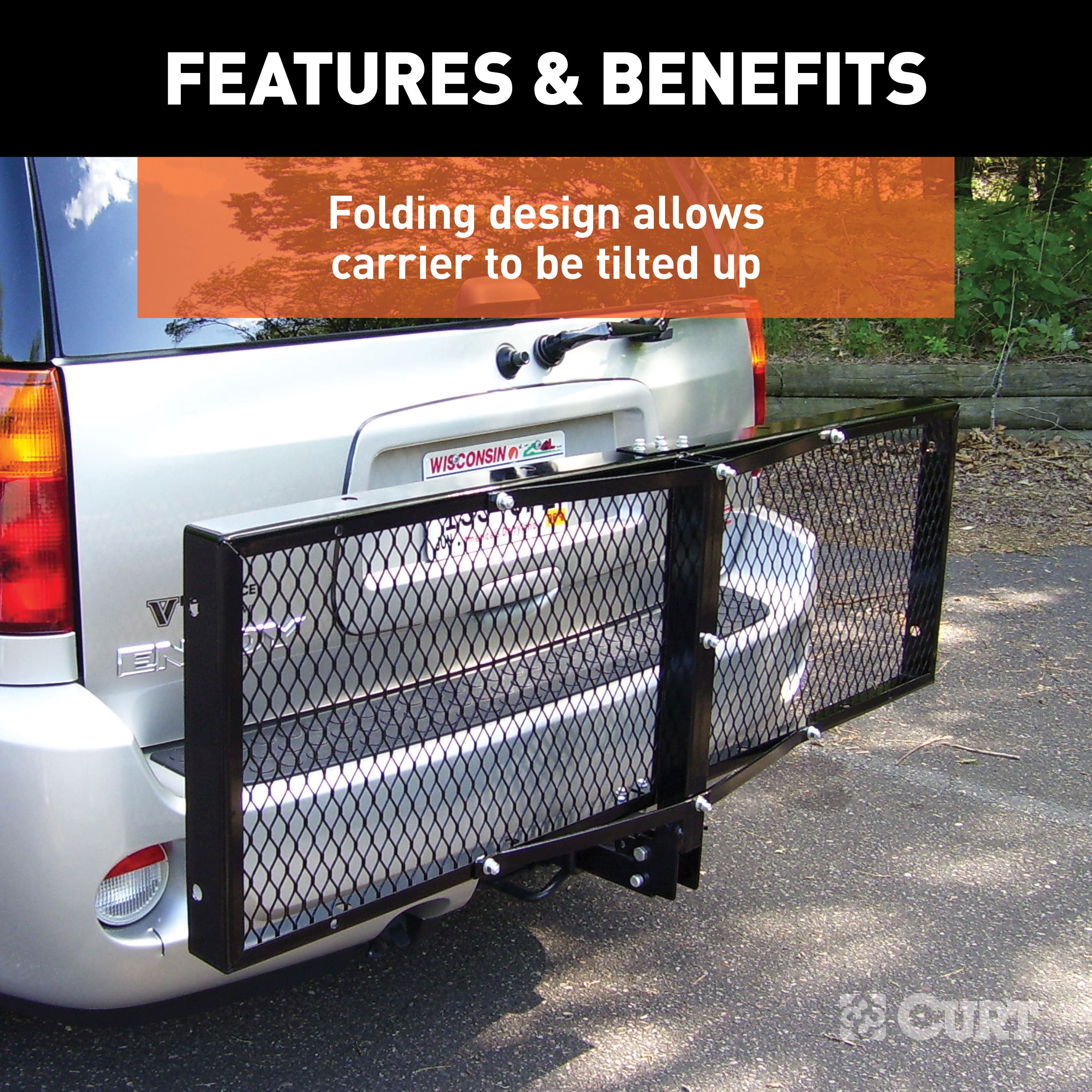 CURT 60 x 20-Inch Tray Hitch Cargo Carrier, 500 lbs Capacity, Black Steel, 2-In Folding Shank Model 18109