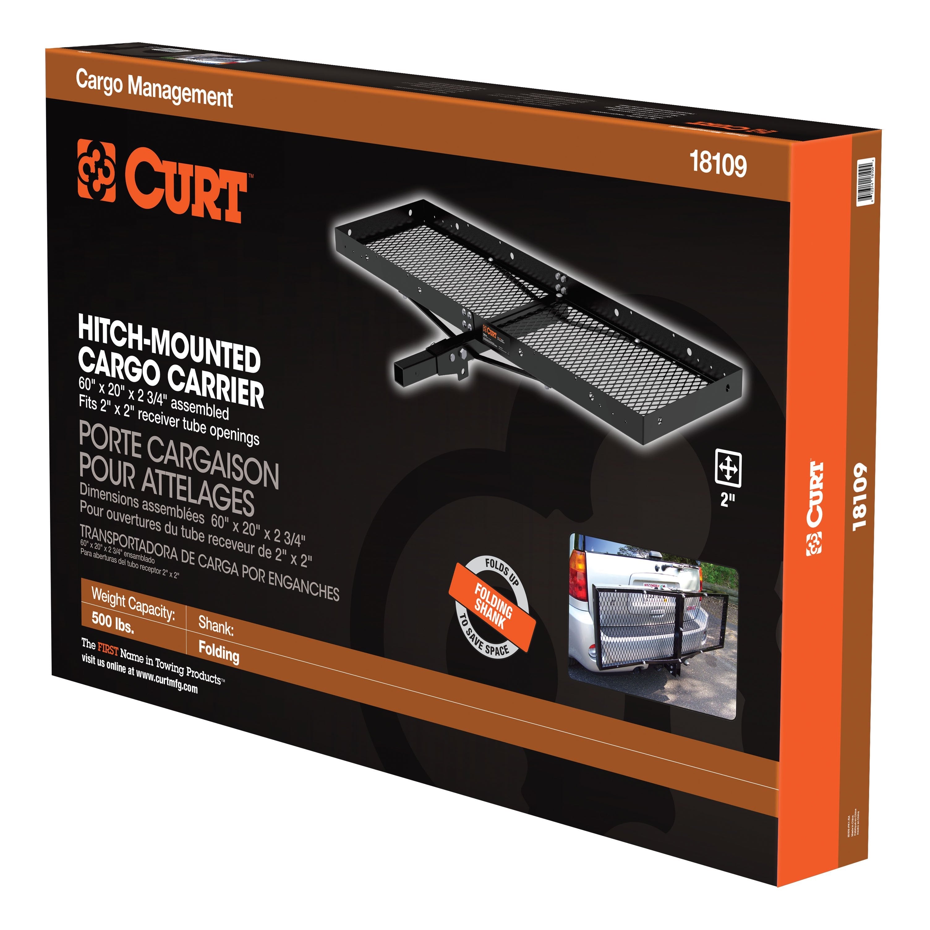 CURT 60 x 20-Inch Tray Hitch Cargo Carrier, 500 lbs Capacity, Black Steel, 2-In Folding Shank Model 18109