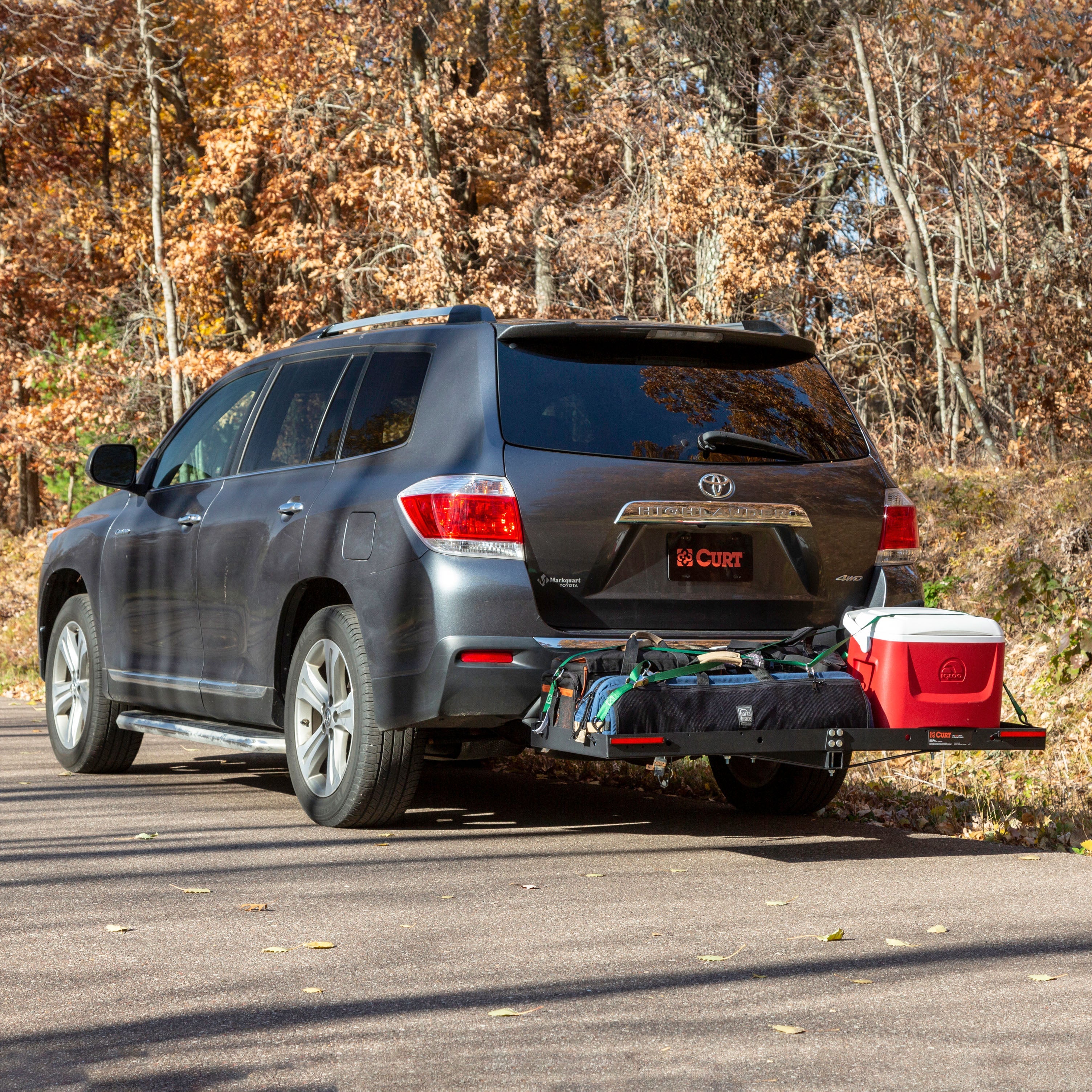 CURT 48 x 20-Inch Tray Hitch Cargo Carrier, 300 lbs Capacity, 1-1/4, 2-In Adapter Shank Model 18110
