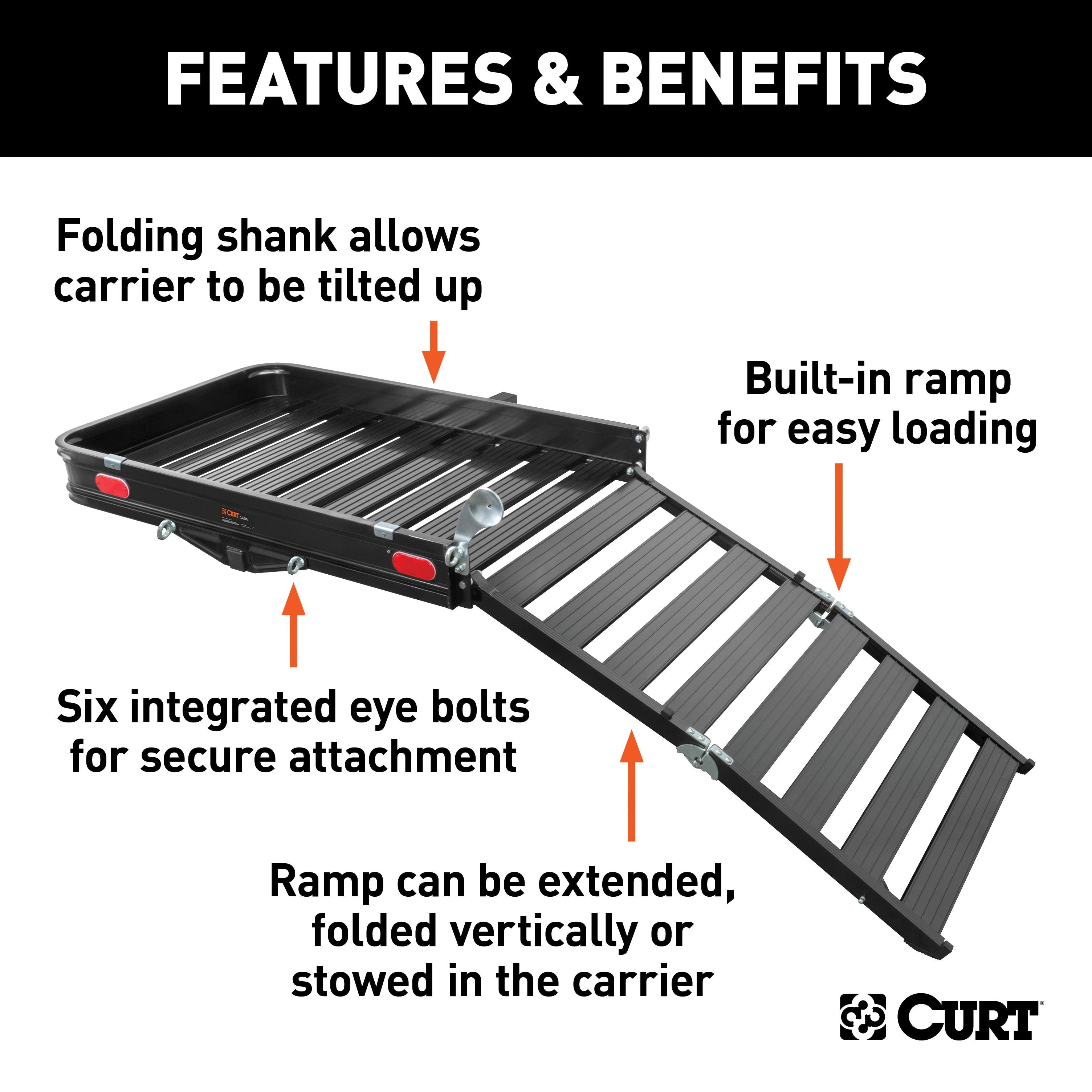 CURT 50 x 30-1/2-Inch Black Aluminum Hitch Cargo Carrier with Ramp, 2-In Folding Shank Model 18112