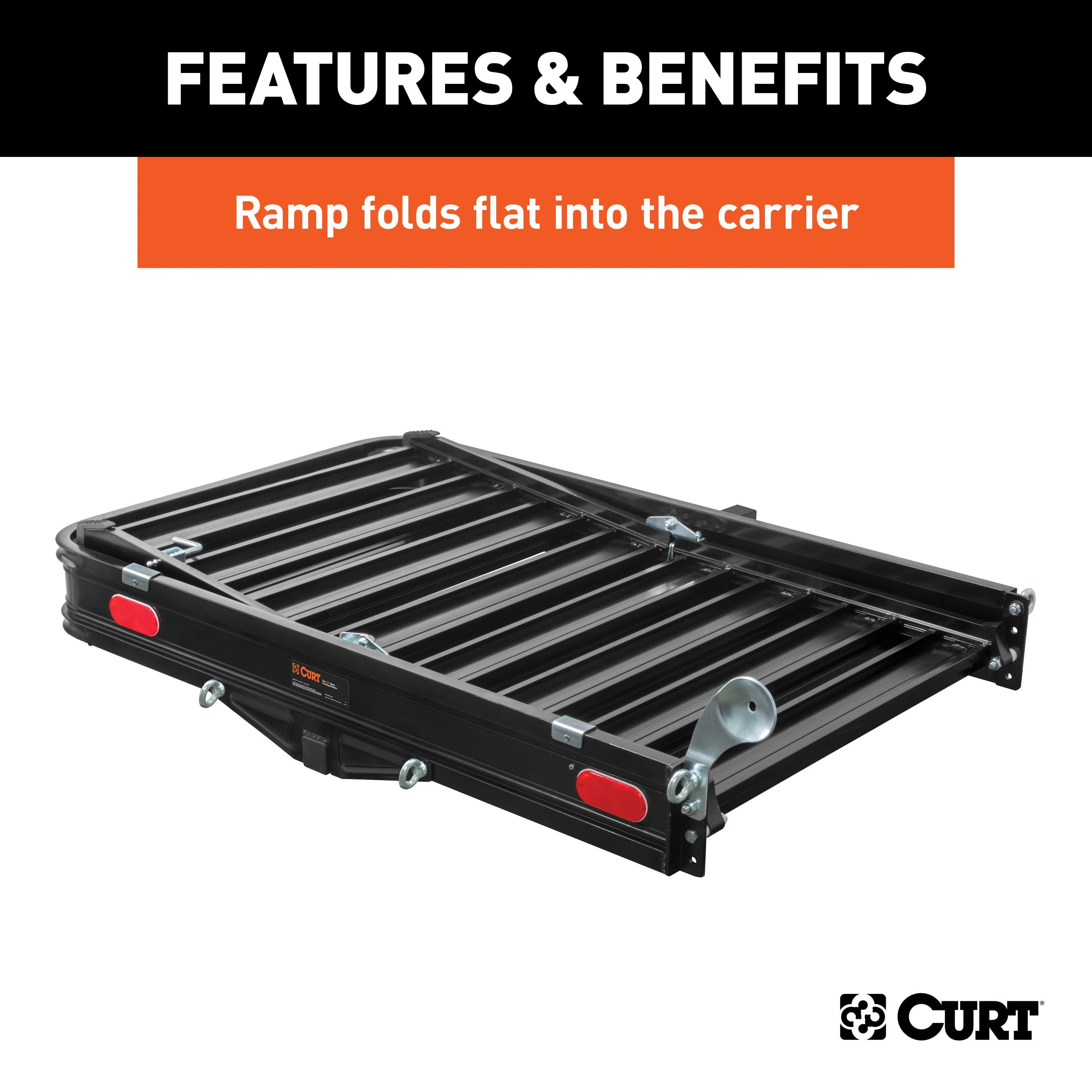 CURT 50 x 30-1/2-Inch Black Aluminum Hitch Cargo Carrier with Ramp, 2-In Folding Shank Model 18112