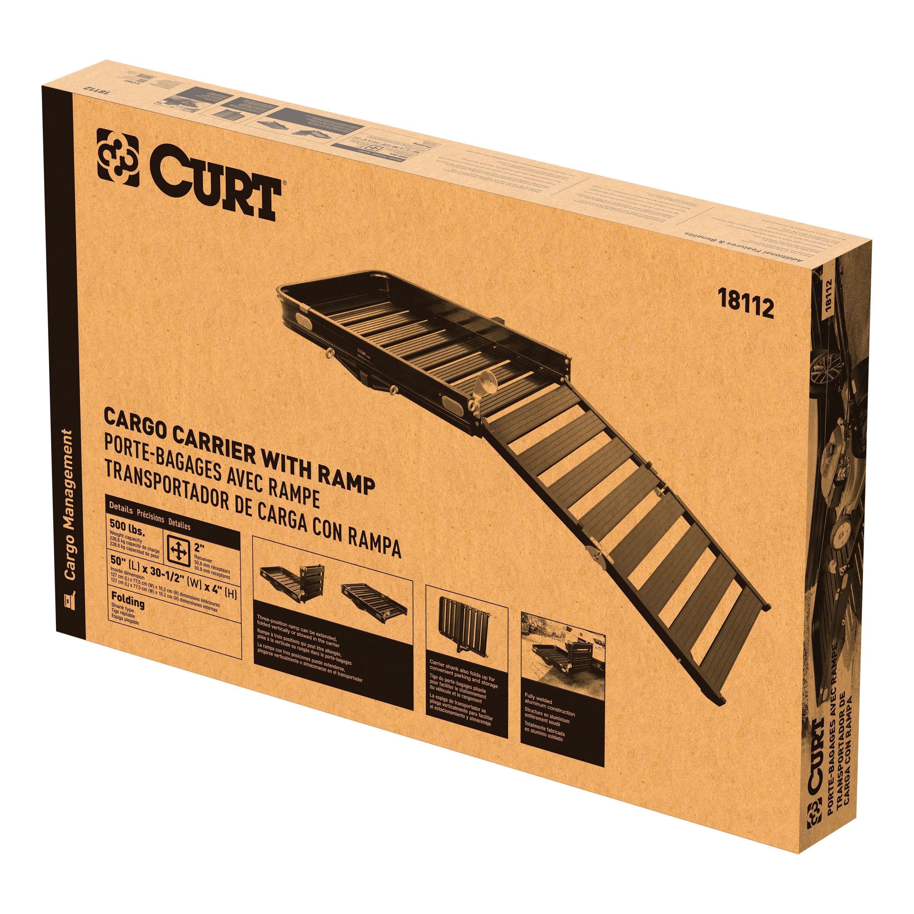 CURT 50 x 30-1/2-Inch Black Aluminum Hitch Cargo Carrier with Ramp, 2-In Folding Shank Model 18112