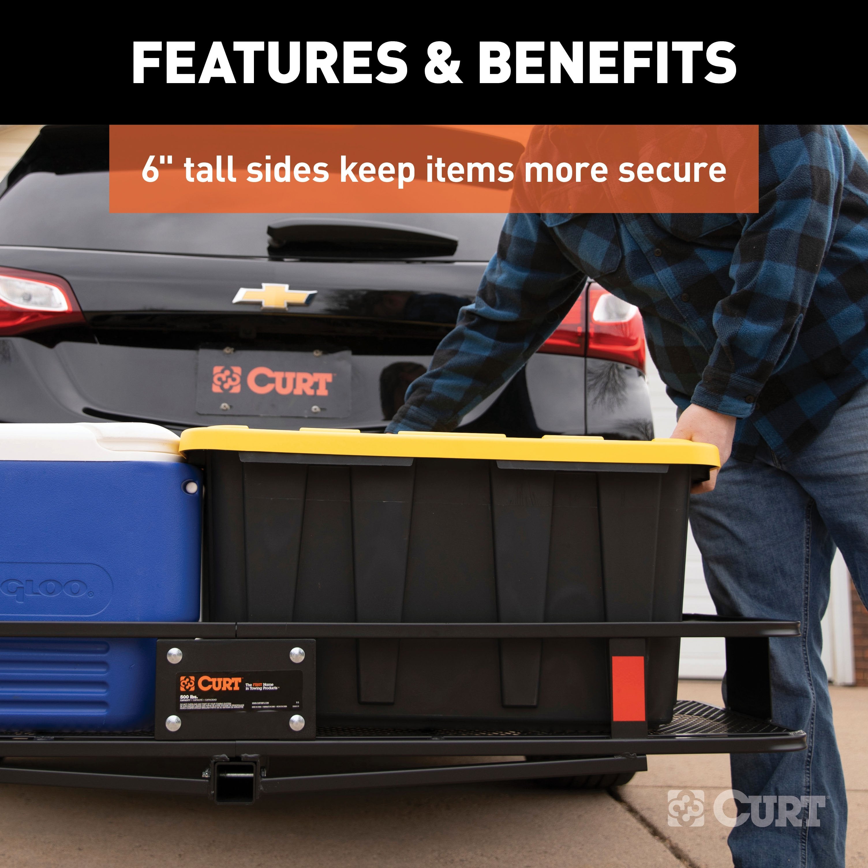CURT 60 x 20-Inch Basket Hitch Cargo Carrier, 500 lbs Capacity, Black Steel, 2-In Folding Shank Model 18151