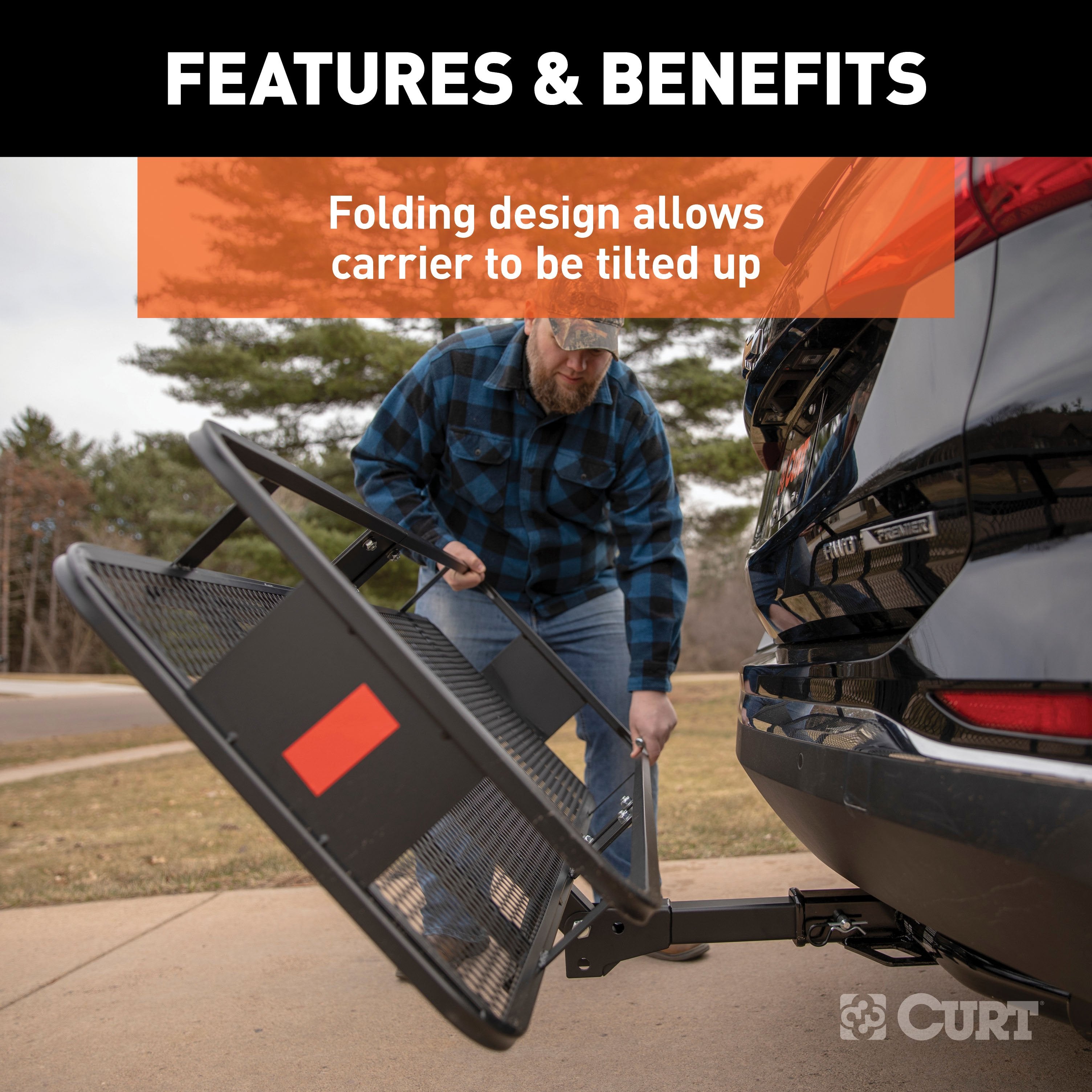 CURT 60 x 20-Inch Basket Hitch Cargo Carrier, 500 lbs Capacity, Black Steel, 2-In Folding Shank Model 18151