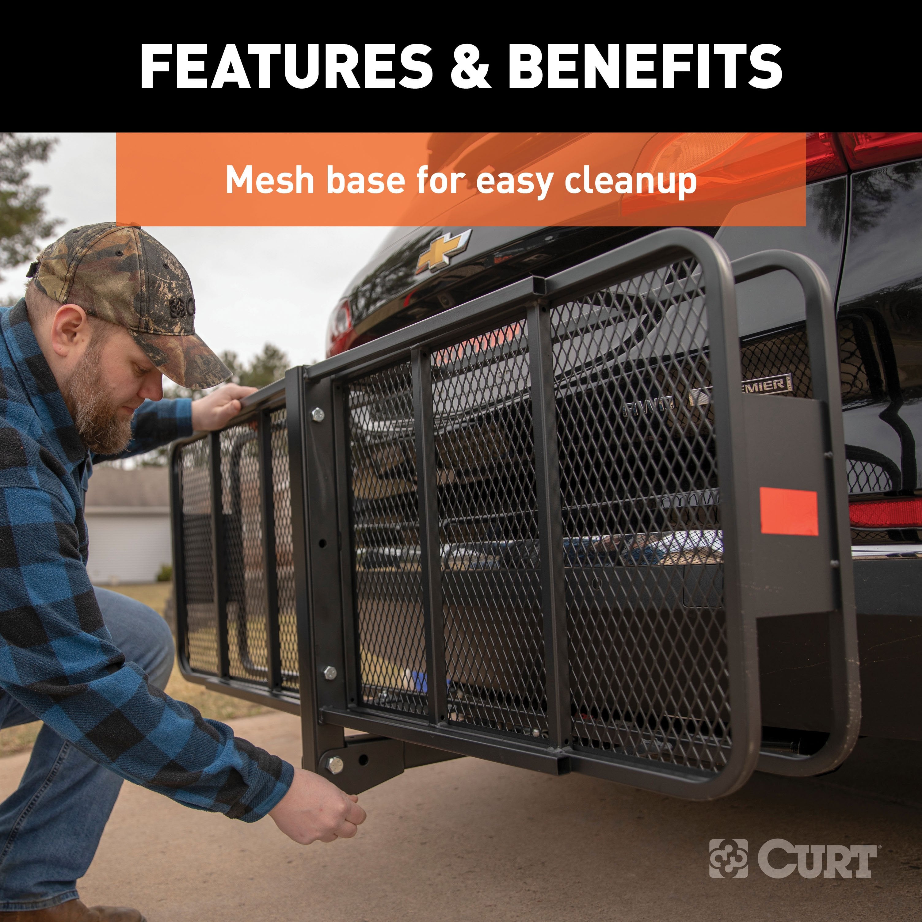 CURT 60 x 20-Inch Basket Hitch Cargo Carrier, 500 lbs Capacity, Black Steel, 2-In Folding Shank Model 18151