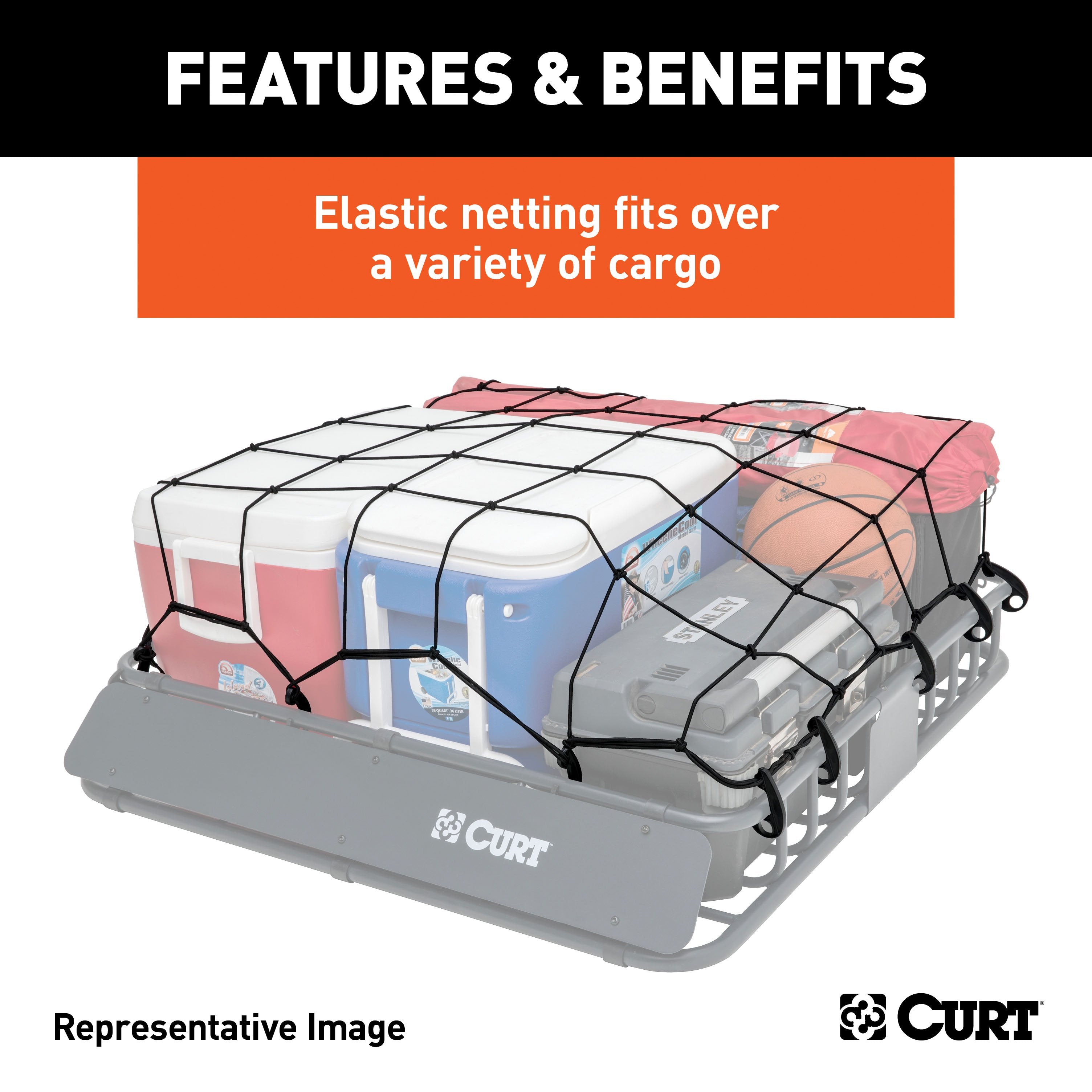 CURT 65 x 38-Inch Elastic Cargo Net with Hooks for Roof Basket Model 18201
