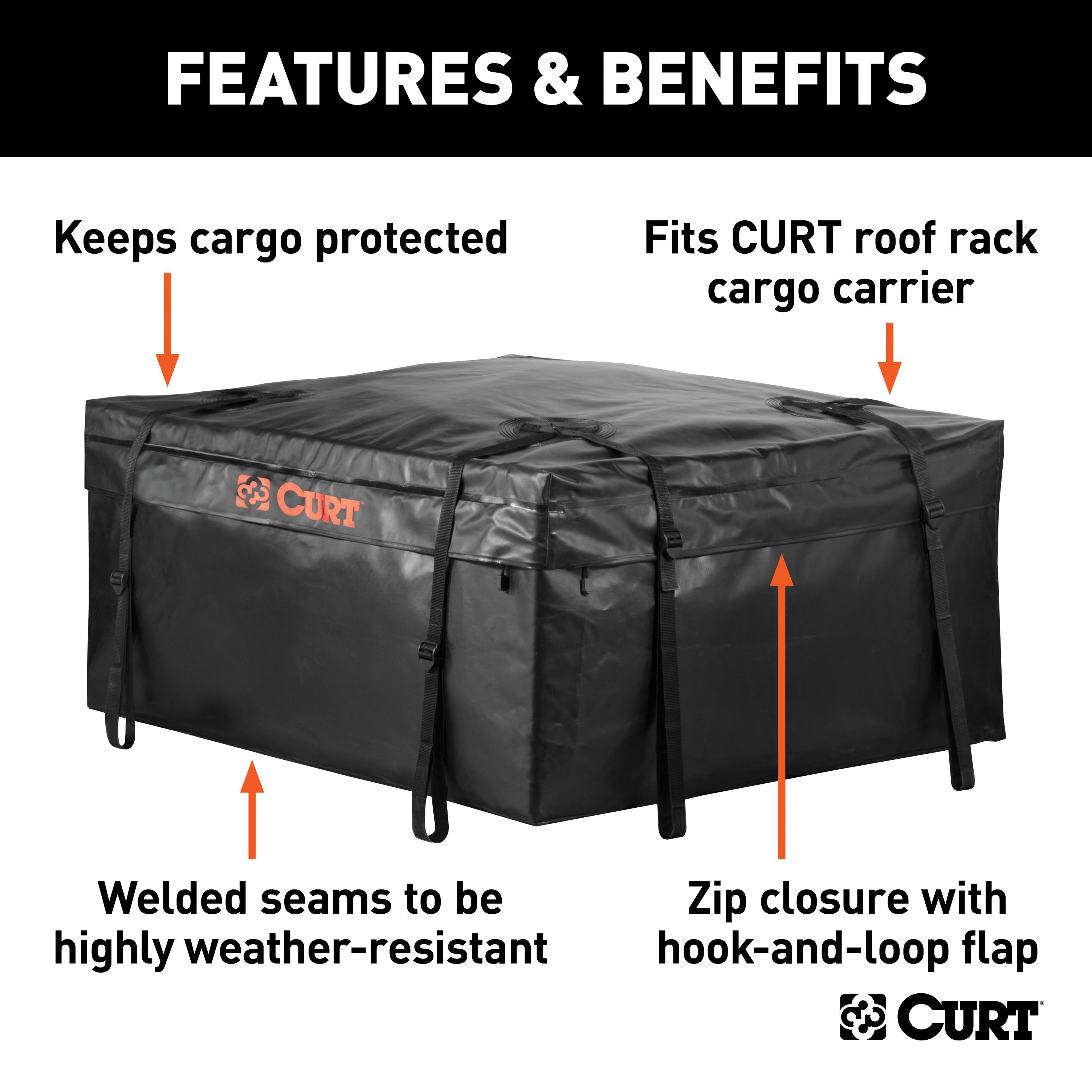 CURT 38 x 34 x 18-Inch Weather-Resistant Black Vinyl Cargo Bag for Roof Basket Model 18220