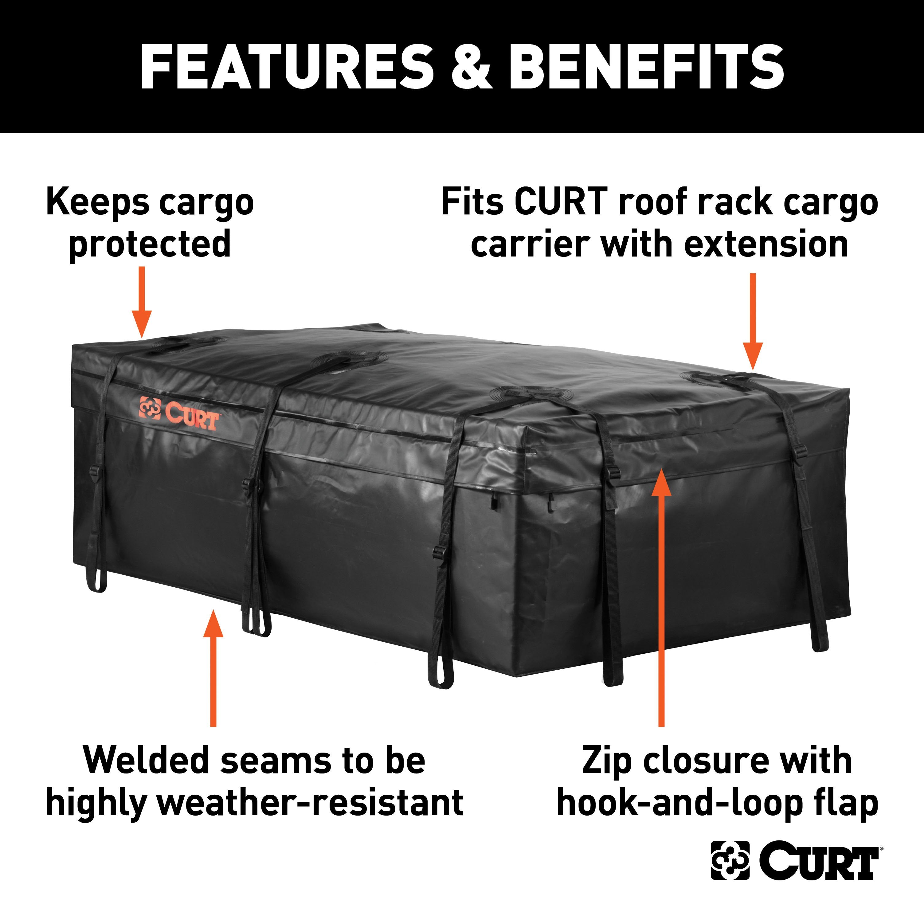 CURT 59 x 34 x 18-Inch Weather-Resistant Black Vinyl Roof Rack Cargo Bag for Roof Basket Model 18221