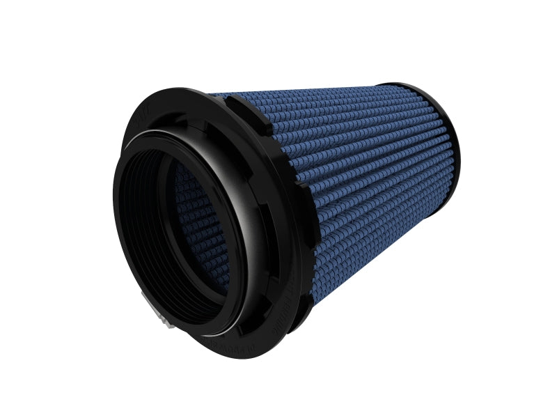 afe Takeda intake replacement air filter with inverted design, featuring a blue pleated filter media and black mounting flange.
