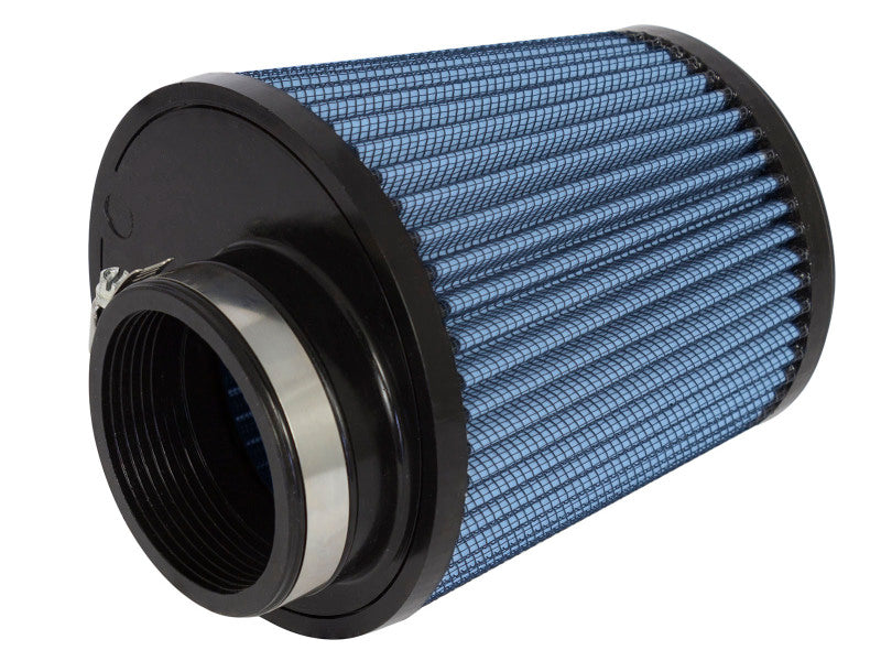 Universal aFe Magnum FLOW air filter with a blue mesh design, featuring an offset inlet and compact dimensions for optimal performance.