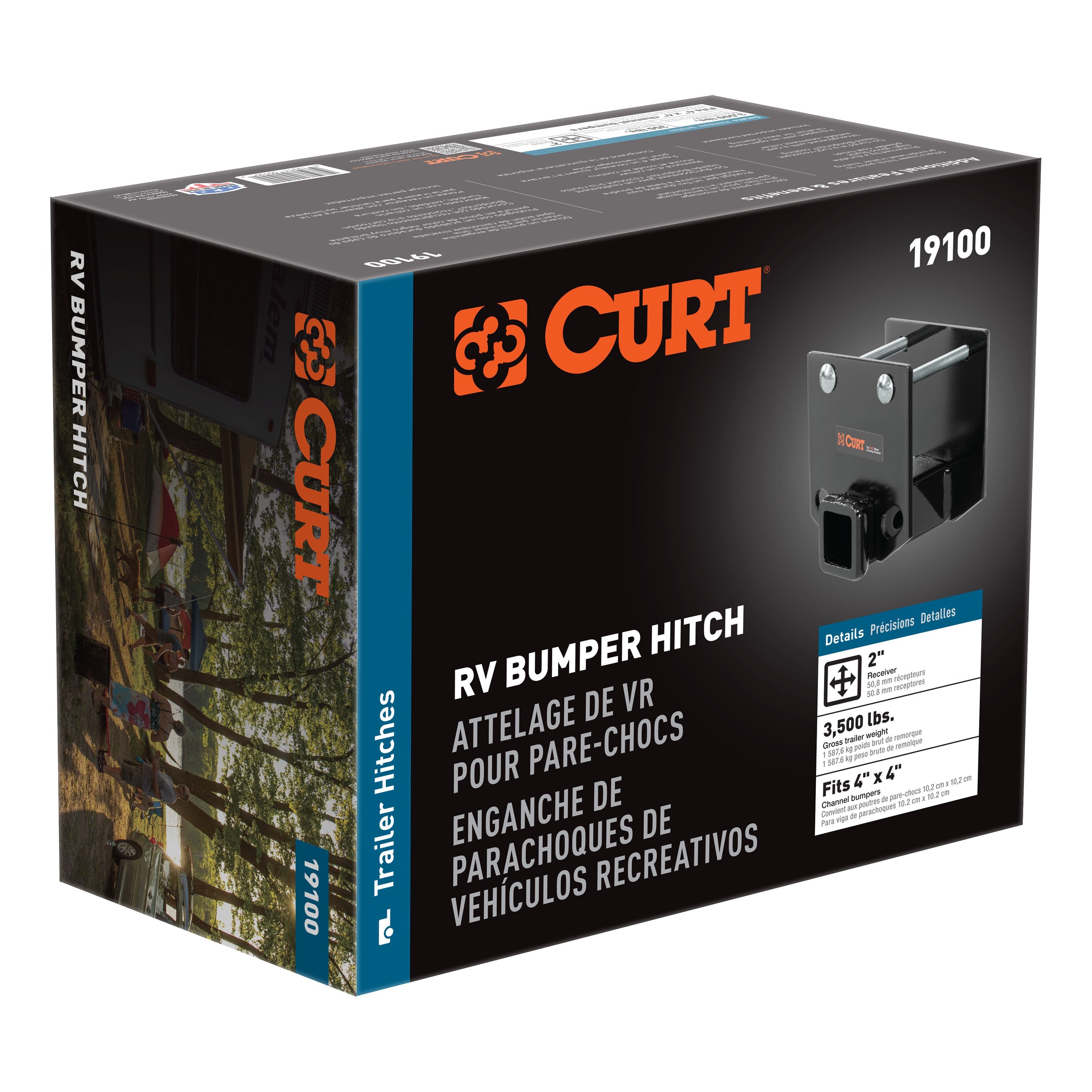 CURT Camper RV Bumper Hitch, Fits 4-Inch Beam, 2-In Receiver, 3,500 lbs Model 19100