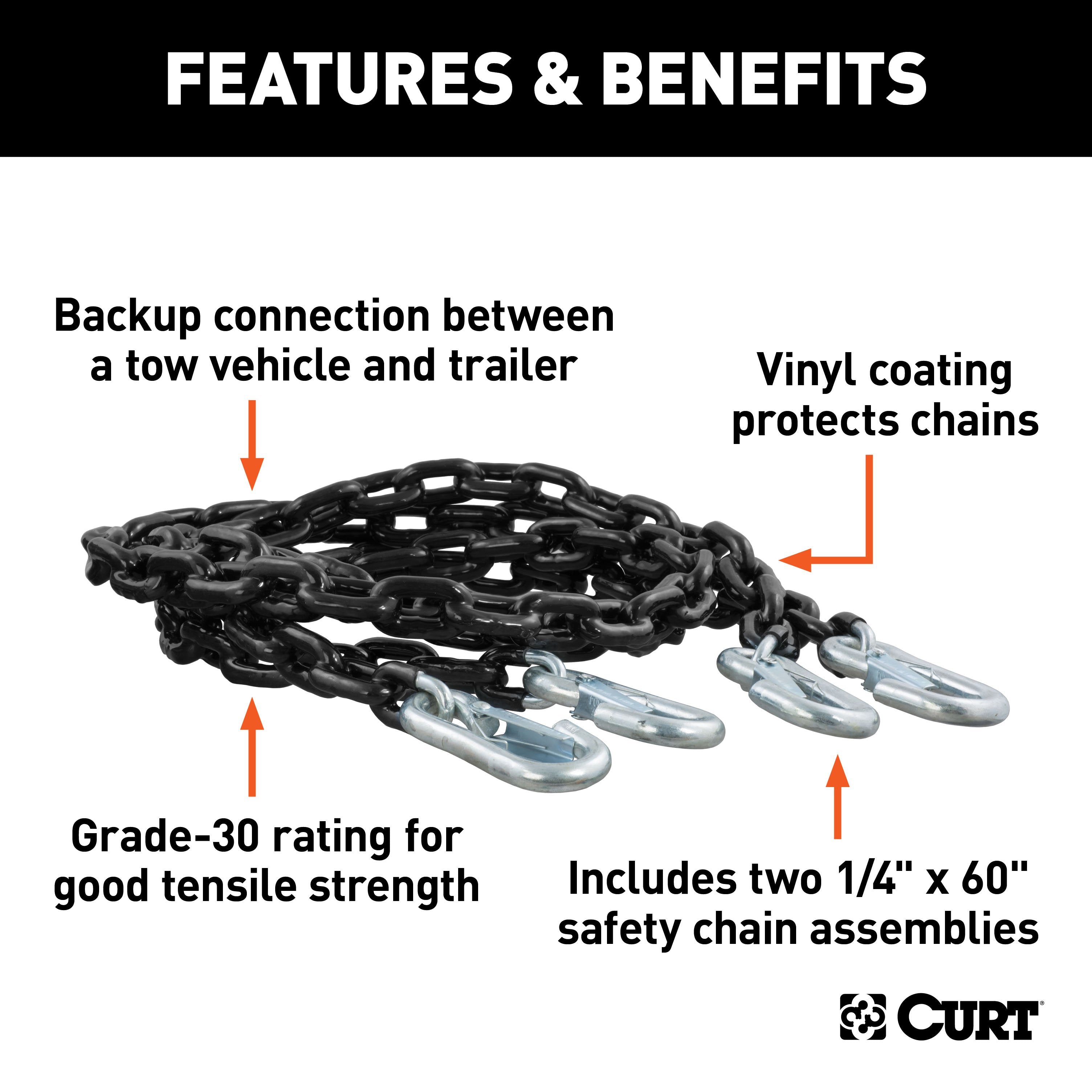 CURT 60-Inch Vinyl-Coated Trailer Safety Chains with 7/16-In Snap Hooks, 5,000 lbs Break Strength, 2-Pack Model 19749
