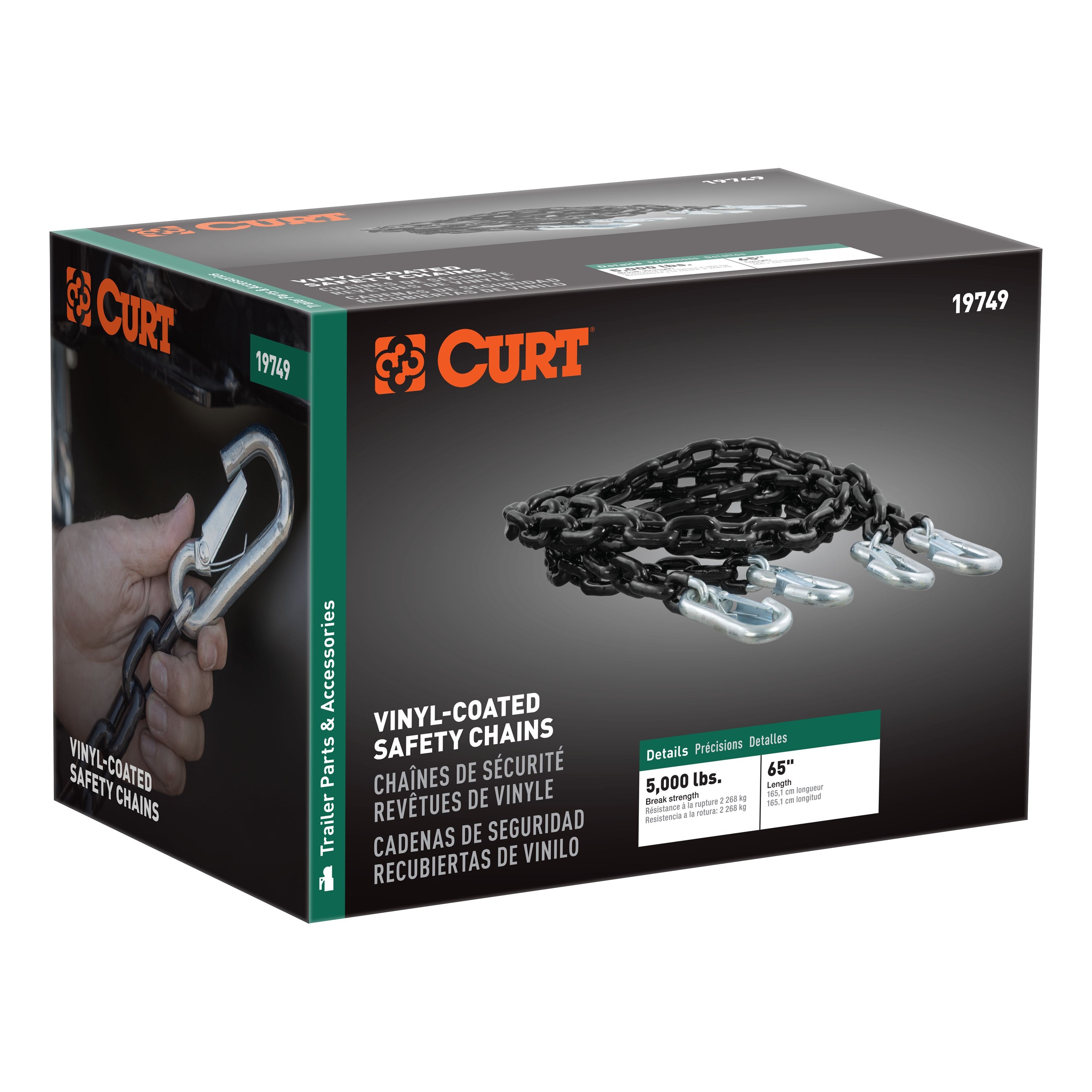 CURT 60-Inch Vinyl-Coated Trailer Safety Chains with 7/16-In Snap Hooks, 5,000 lbs Break Strength, 2-Pack Model 19749