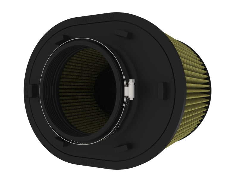 afe Magnum FORCE replacement air filter featuring a cylindrical design with a black exterior and pleated filter media for enhanced airflow.