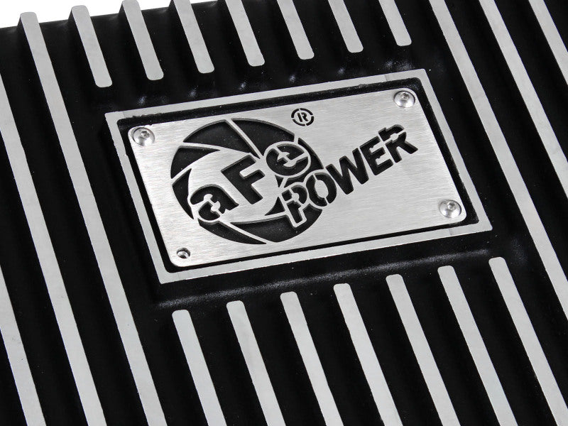 aFe POWER transmission pan for Ford trucks 1980-1992 featuring a sleek design with a polished logo and ribbed texture.