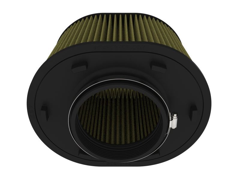 Afe Magnum FORCE replacement air filter featuring a cylindrical design with pleated filter media for improved airflow.