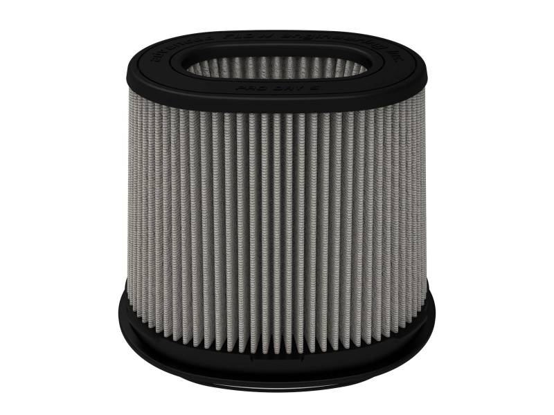 aFe MagnumFLOW Pro DRY S Air Filter with a cylindrical design, featuring a gray filter media and black rubber top and base.