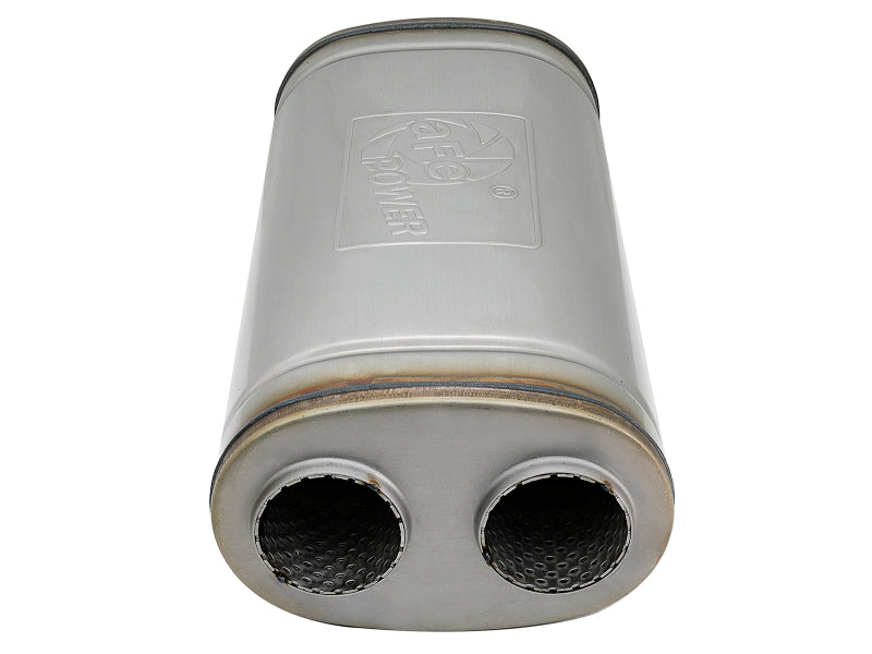Afe MACH Force-Xp muffler with dual outlet, 2-1/2 inch inlet, 18 inch length, and oval body design for enhanced performance.