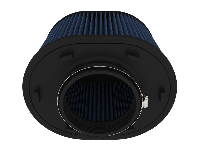 afe Magnum FORCE replacement air filter featuring a cylindrical design with a blue pleated filter element and a black base.