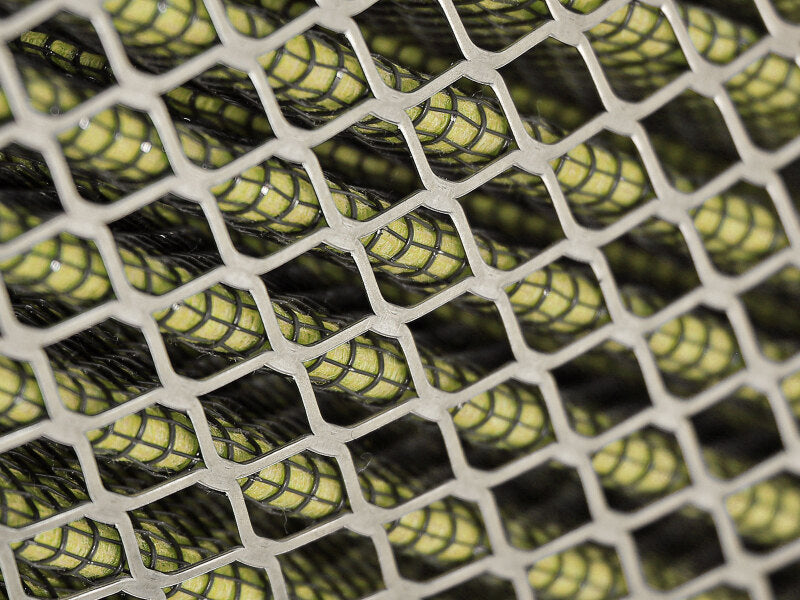 Close-up of aafe Magnum FLOW Custom Air Filter featuring expanded metal design, measuring 18-1/8 inches long and 7-1/4 inches wide.