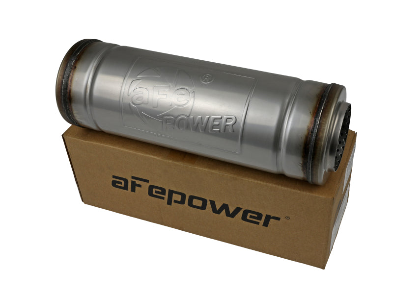 aFe MACH Force-Xp muffler with 3-inch inlet, 5-inch diameter, and 14-inch length on a branded box, designed for performance upgrades.