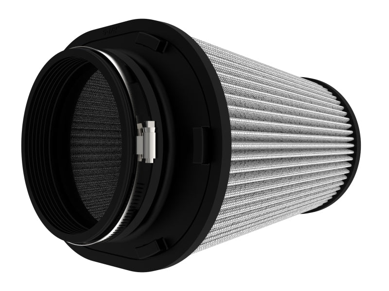 afe Magnum FORCE replacement air filter featuring a cylindrical design with a black base and a pleated filter element for enhanced airflow.