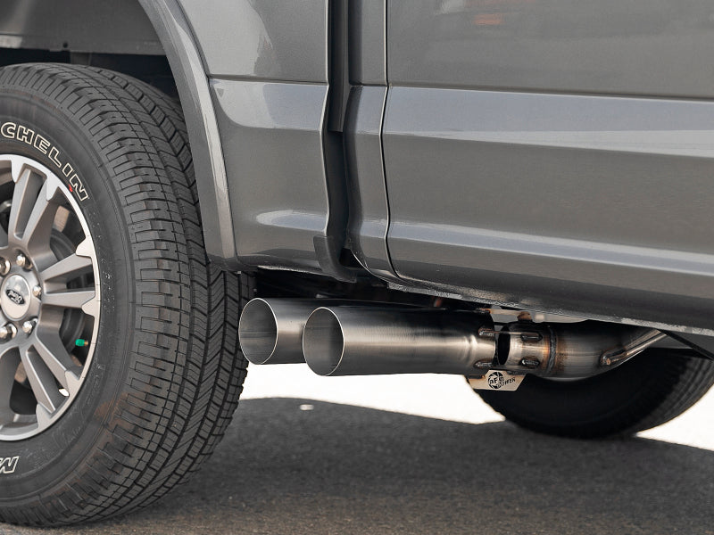 DPF-back exhaust system for Ford F-150 V6-3.0L, showcasing dual polished tips and robust construction. Ideal for performance upgrades.