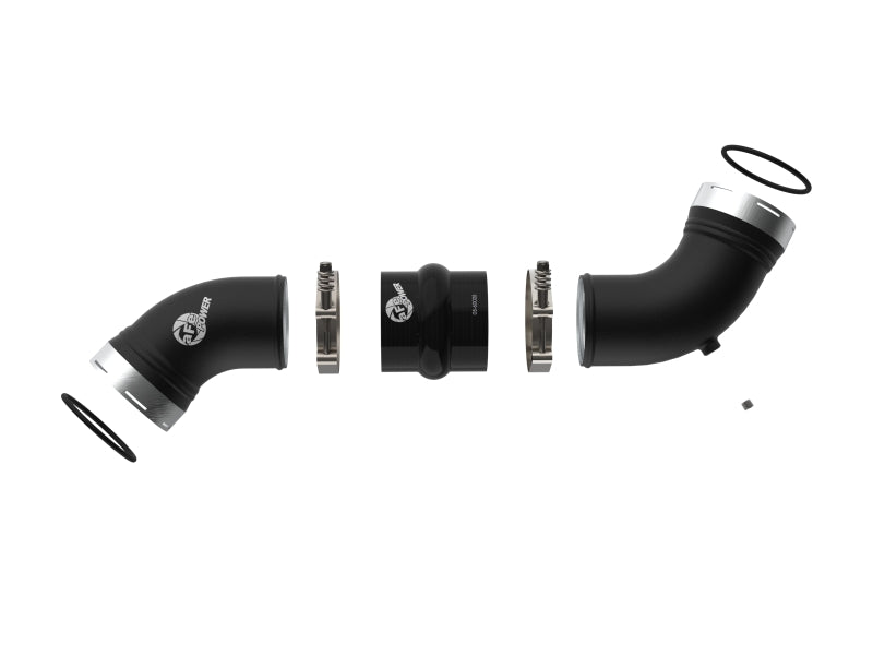Afe BladeRunner charge pipe kit for GM diesel trucks 2006-2010 V8-6.6L, featuring black pipes and stainless steel clamps.