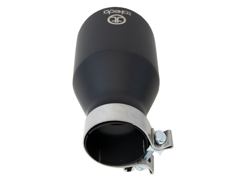 Black afe Takeda universal exhaust tip with a 3-inch inlet, 5-inch outlet, and 9-inch length, featuring a stainless steel clamp.