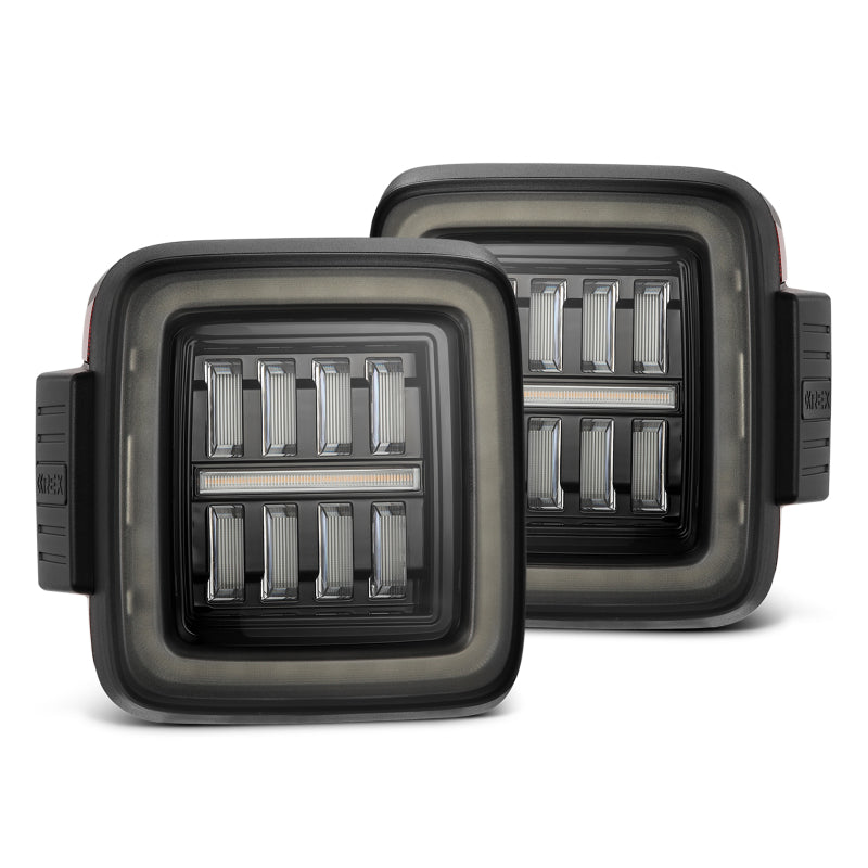 AlphaRex NOVA Prismatic LED taillights for 2018-2023 Jeep Wrangler JL in Alpha-Black finish, featuring a sleek design.