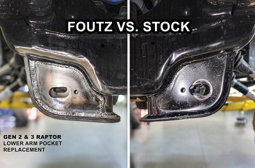 Lower arm pocket replacement kit comparison for 2017-2024 Raptor by Foutz Motorsports, showcasing Foutz vs. stock design.
