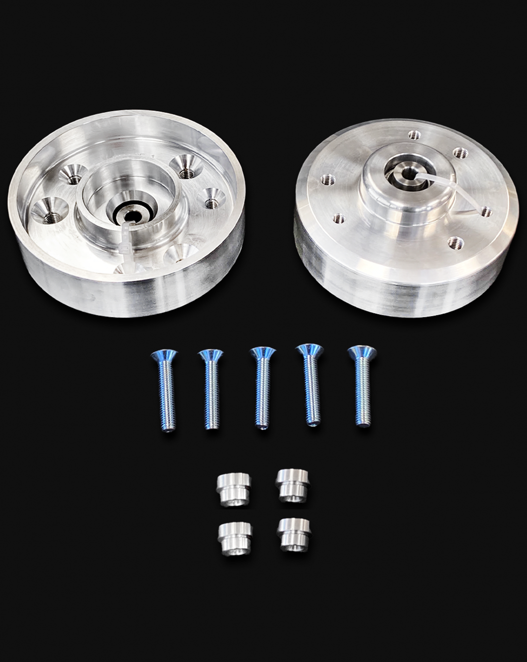 Billet top hat lift kit for 2017-2020 Raptor, includes two 2-inch lift spacers and mounting hardware.