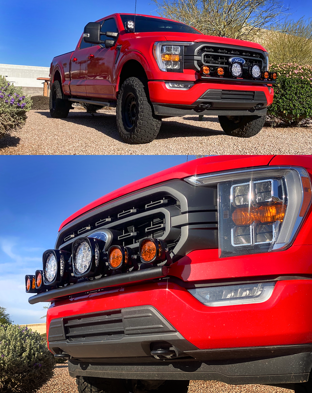 Front light mount for 2021-2023 Ford F150, designed for stock bumper, showcasing off-road lighting options.