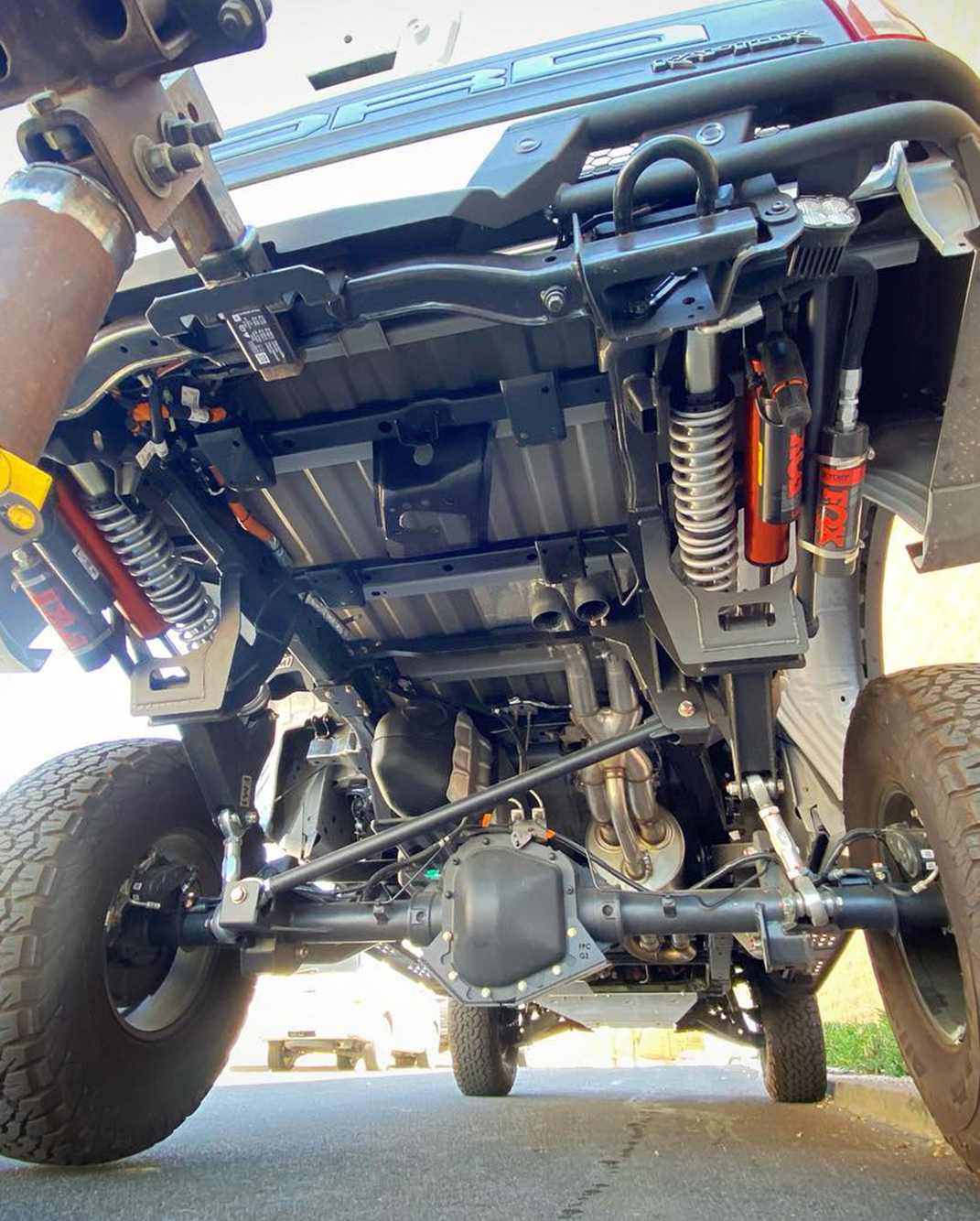 Long travel rear suspension kit for 2021-2024 Raptor, showcasing 19 inches of travel and enhanced off-road performance.