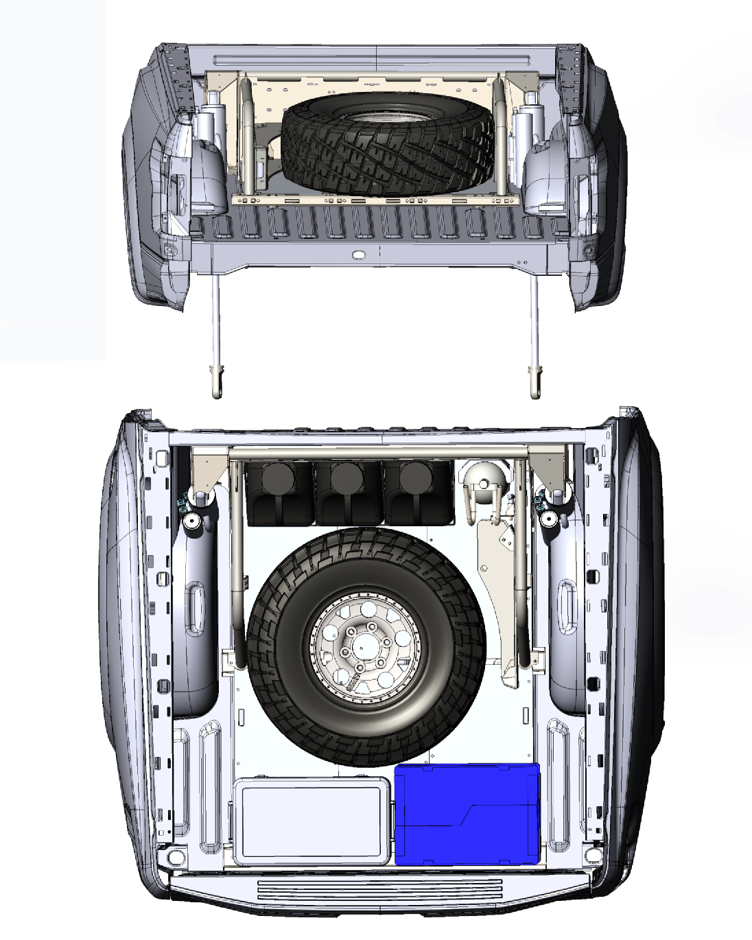 2021+ Raptor 5-Link Rear Bed Organizer designed for 3.0x16 Coil Over or 3.5x16 Bypass Shock with tire storage.
