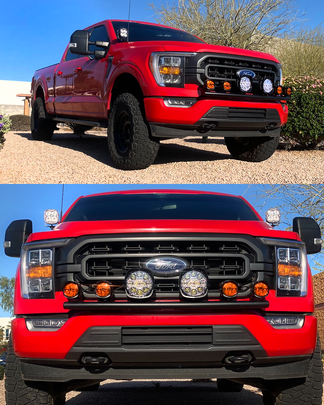 Front view of a 2021-2023 Ford F150 with a light mount for stock bumper, showcasing multiple auxiliary lights.