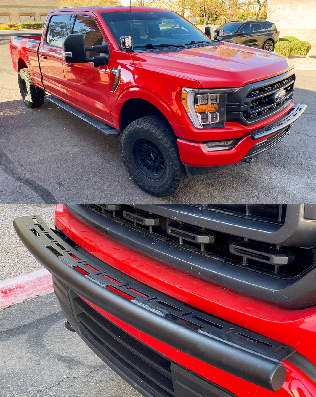 Front light mount for 2021-2023 Ford F150, designed for stock bumper, showcasing rugged style and durability.