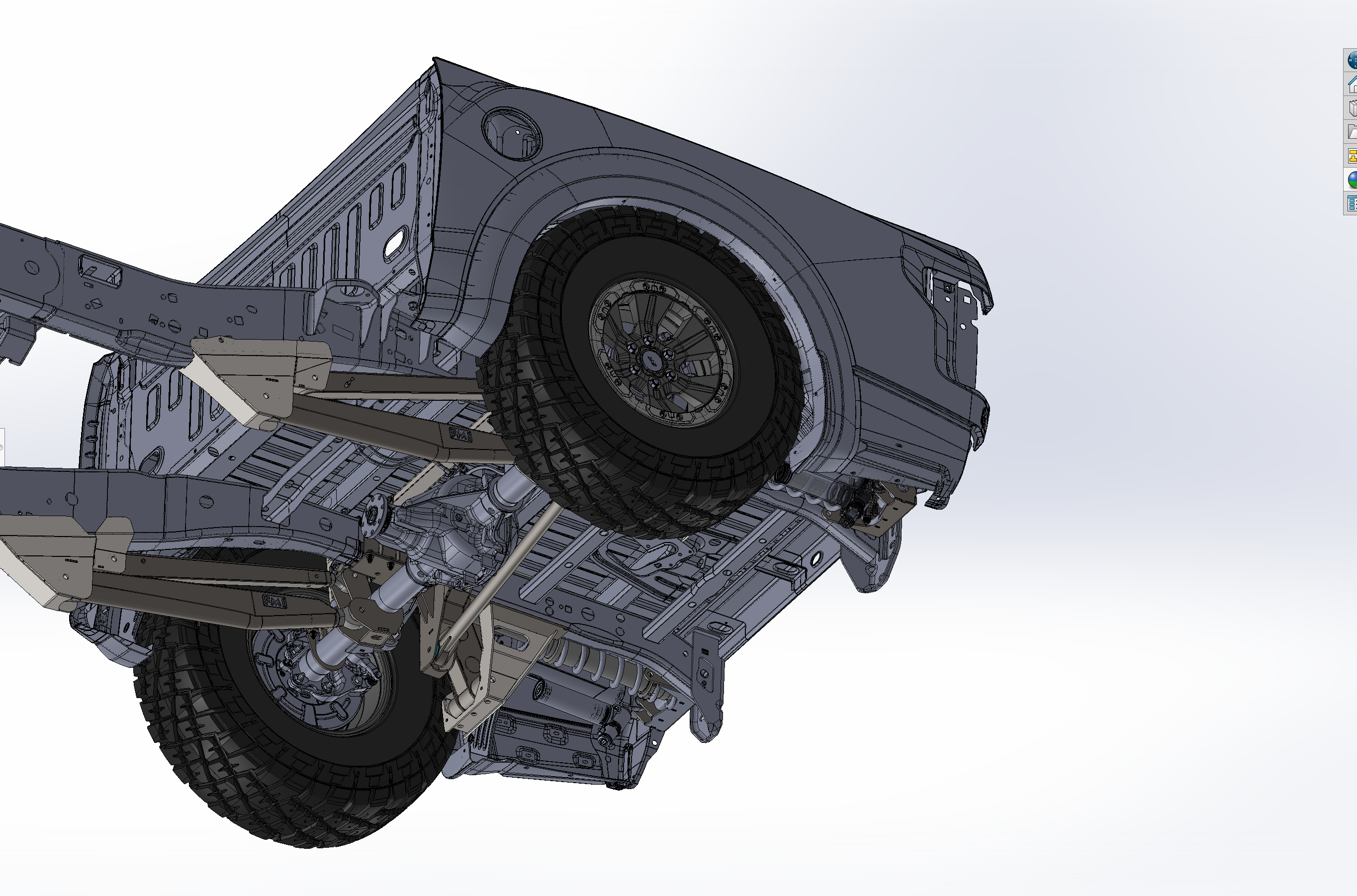 Detailed illustration of a 2017-2020 Raptor long travel 5-link rear suspension conversion kit for F150 and Gen 2 Raptors.