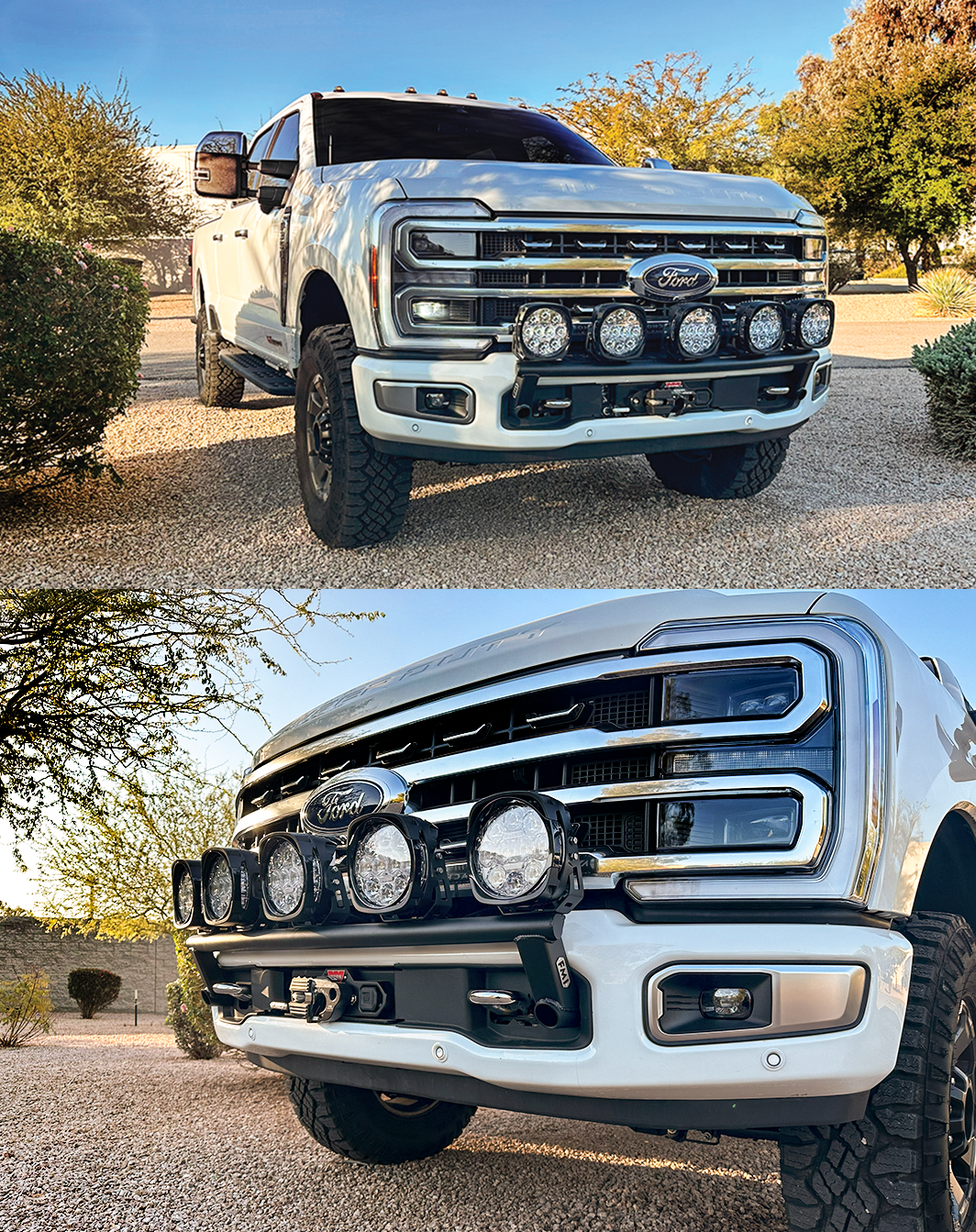 Front light mount kit for 2023+ Ford F-250 Super Duty, designed for stock bumpers, showcasing multiple off-road lights.