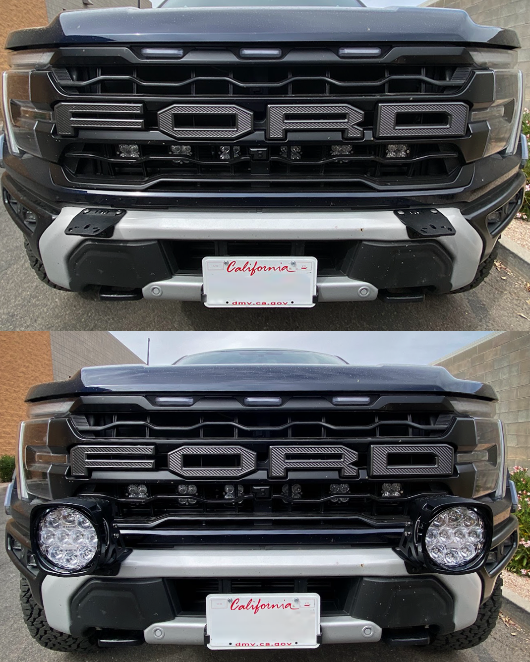 2024+ Gen 3.5 Raptor light mount brackets for stock bumper, showcasing installation with off-road lights.