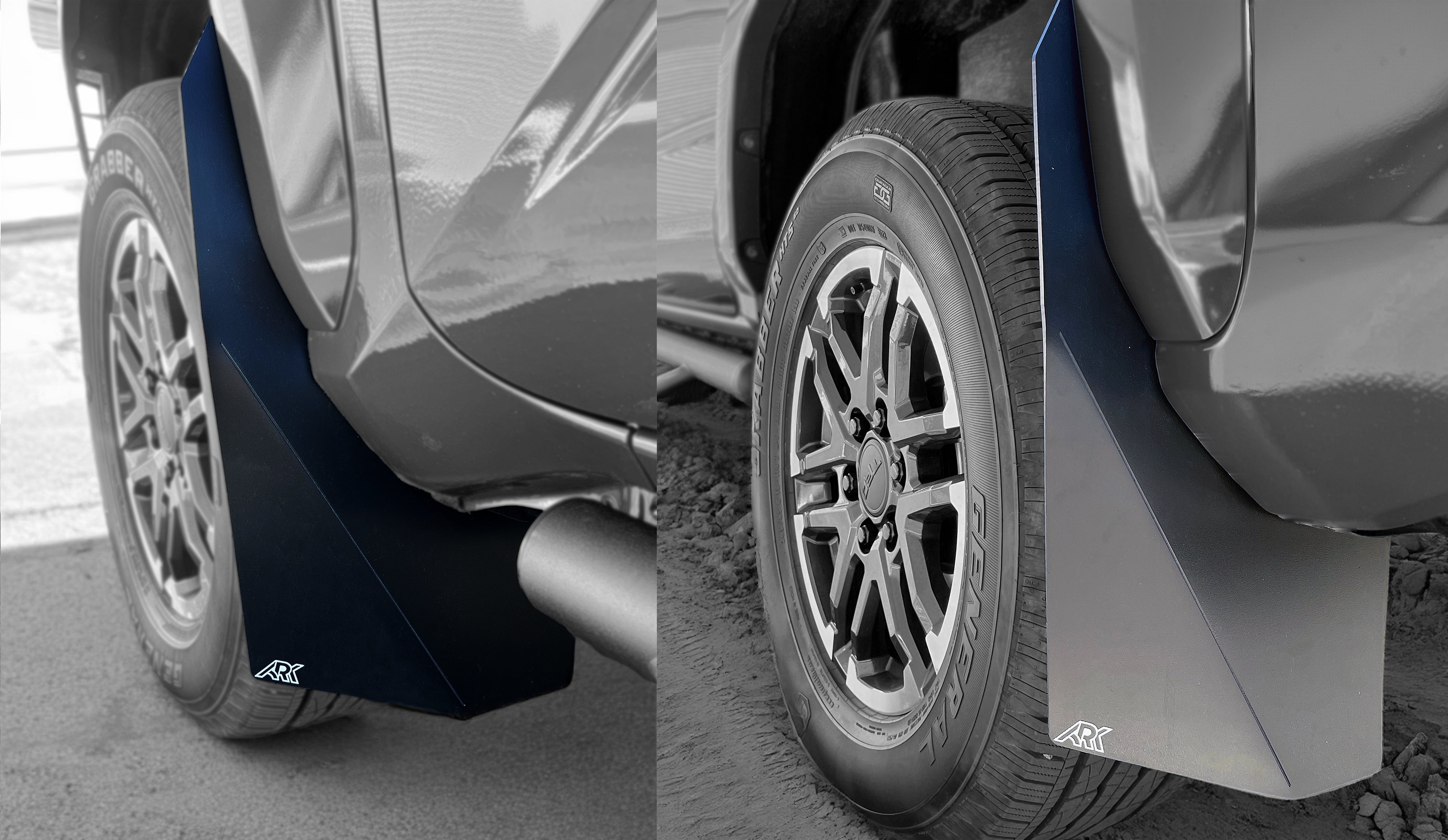 2024+ Toyota Tacoma TriXpoly splash guards and mudflaps installed on a truck, providing protection from mud and debris.