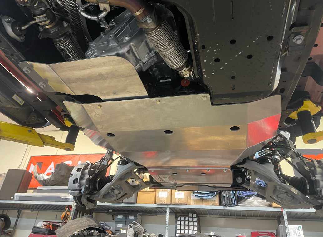 2024 Ford Ranger Raptor skid plate installed, showcasing durable protection for undercarriage components.