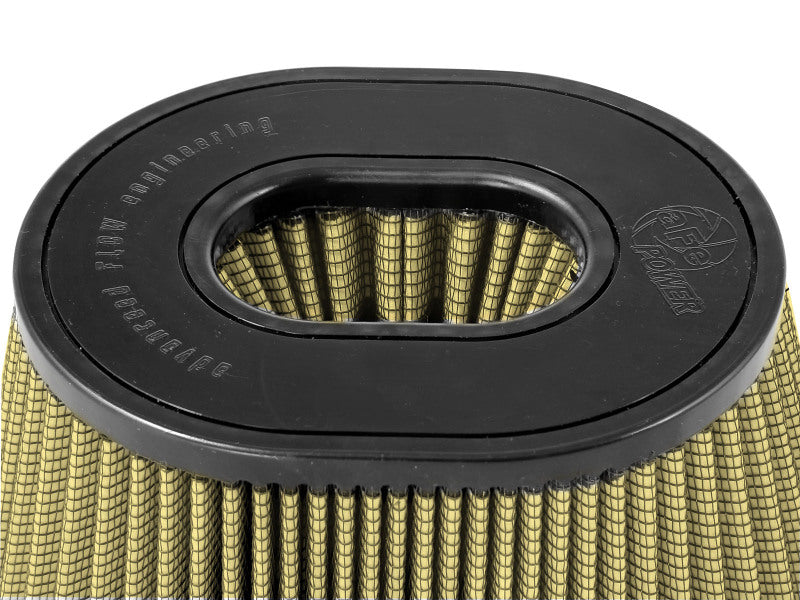 afe Magnum FORCE replacement air filter featuring a cylindrical design with a black top and textured gold filter material.