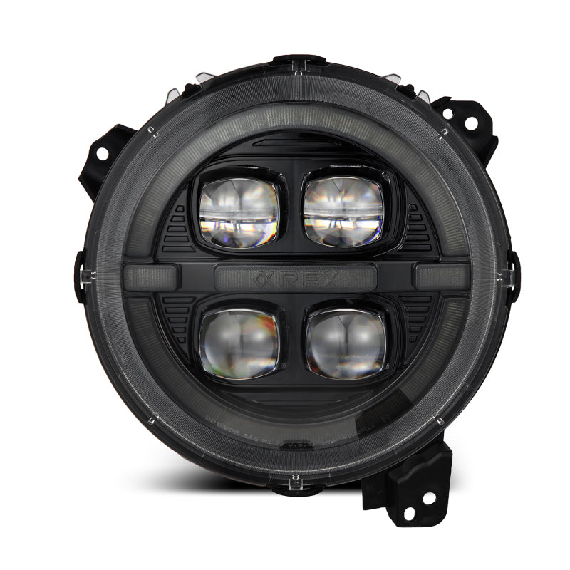 AlphaRex LED projector headlights for 2018-2023 Jeep Wrangler JL and Gladiator JT in black with sequential signals.