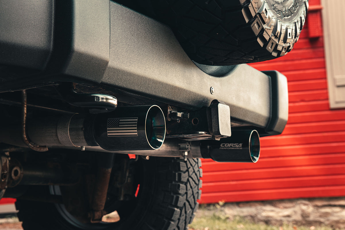 2.75 Inch Cat-Back Dual Rear Exit with Single 4.0 Inch Polished Flat Cut Tips with USA Flag Etch 07-18 Jeep Wrangler JKU 116 Inch Wheel Base Corsa Performance