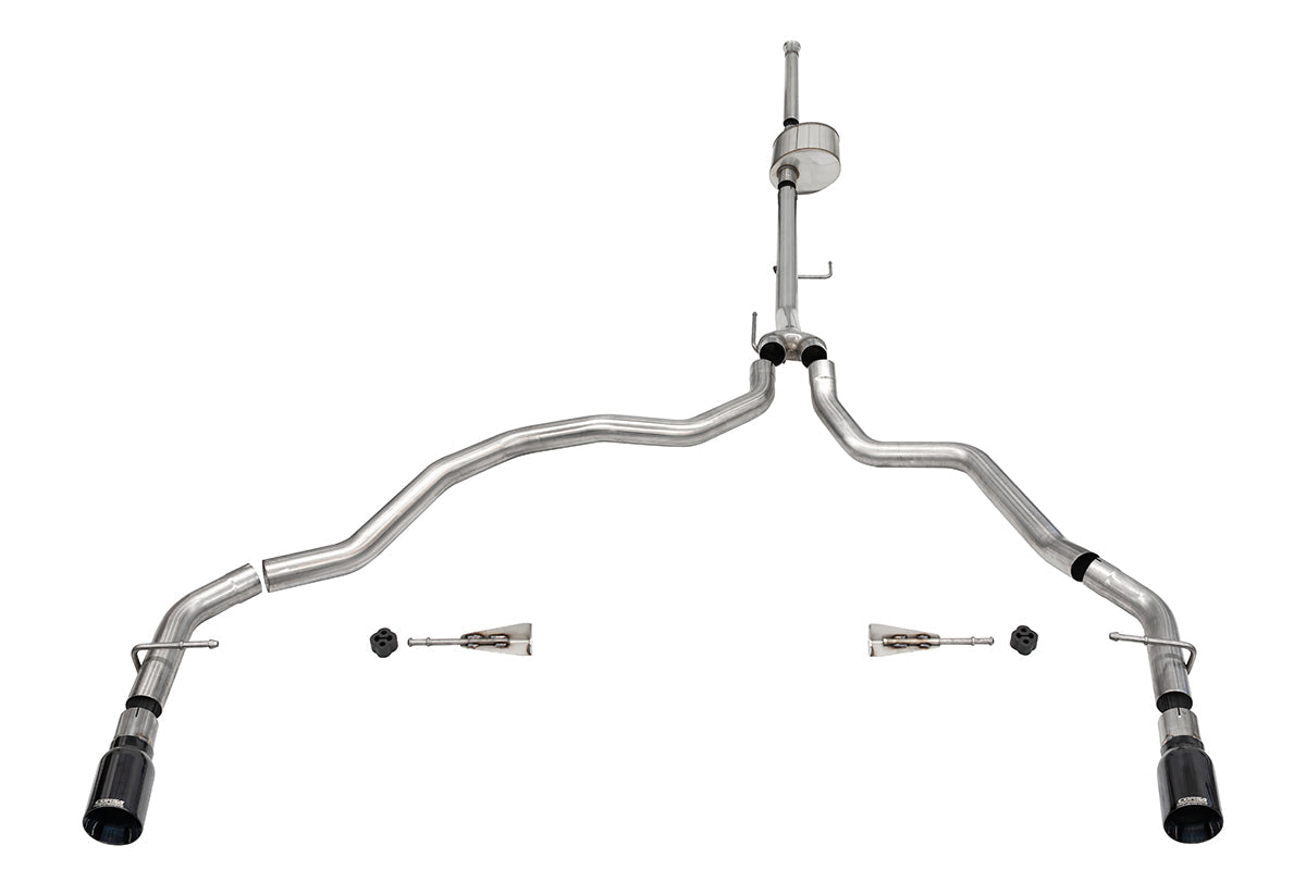 3.0 Inch Dual Rear Exit Catback Exhaust System with Flat Cut 4.0 Inch Dual Wall Black Tips Xtreme Sound Level 21-25 Ford F-150 157 Inch Wheel Base Corsa Performance