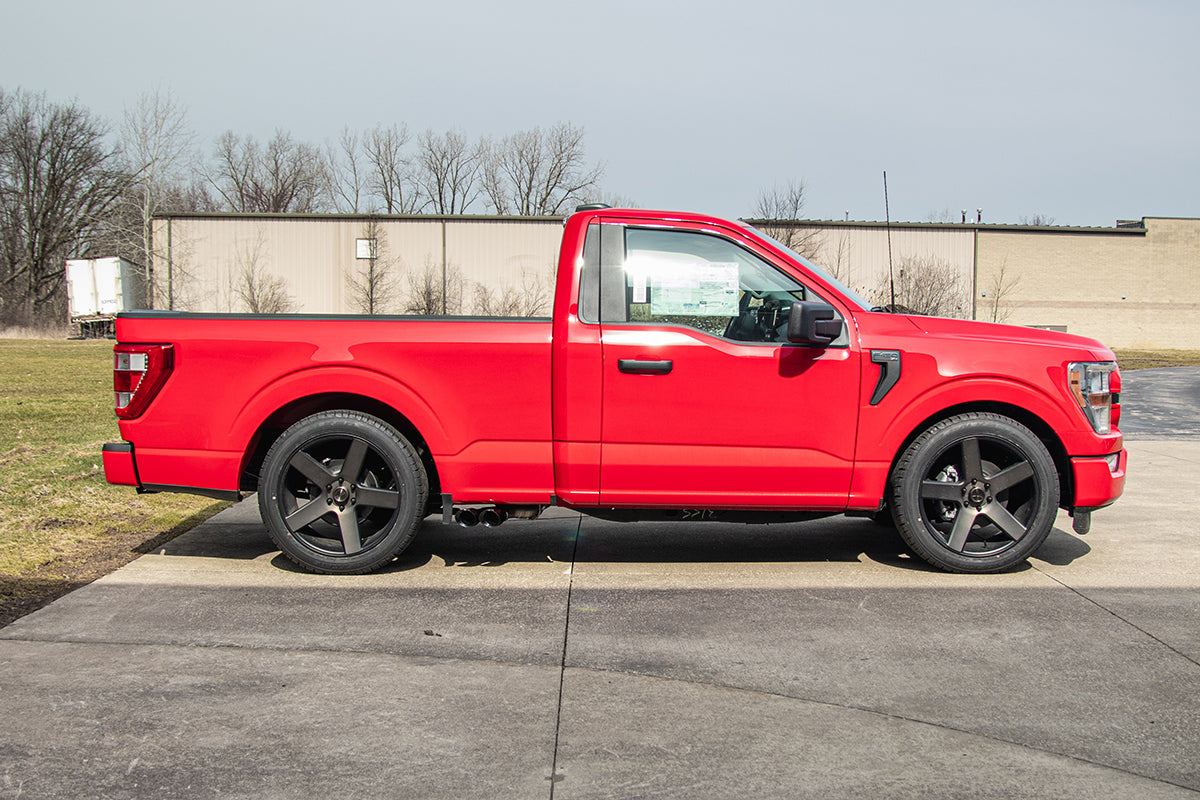 3.0 Inch Front of Tire Exit Catback Exhaust System with Twin 3.5 Inch Pro Series Black Tips Sport Sound Level 21-25 Ford F-150 EcoBoost 141 Inch Wheel Base Corsa Performance