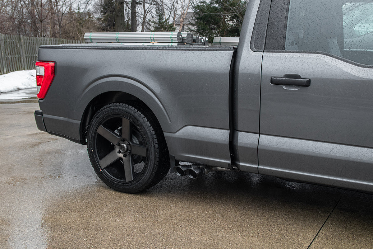 3.0 Inch Front of Tire Exit Catback Exhaust System with Twin 3.5 Inch Pro Series Black Tips Sport Sound Level 21-25 Ford F-150 EcoBoost 141 Inch Wheel Base Corsa Performance