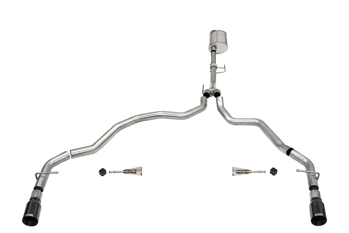 3.0 Inch Dual Rear Exit Catback Exhaust System with Flat Cut 4.0 Inch Dual Wall Black Tips Sport Sound Level 21-25 Ford F-150 EcoBoost 141 Inch Wheel Base Corsa Performance