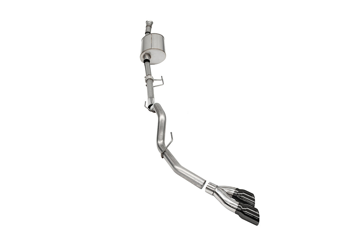 3.0 Inch Single Side Exit Catback Exhaust System with Twin 4.0 Inch Pro Series Black Tips Sport Sound Level 21-25 Ford F-150 EcoBoost 145 Inch Wheel Base Corsa Performance